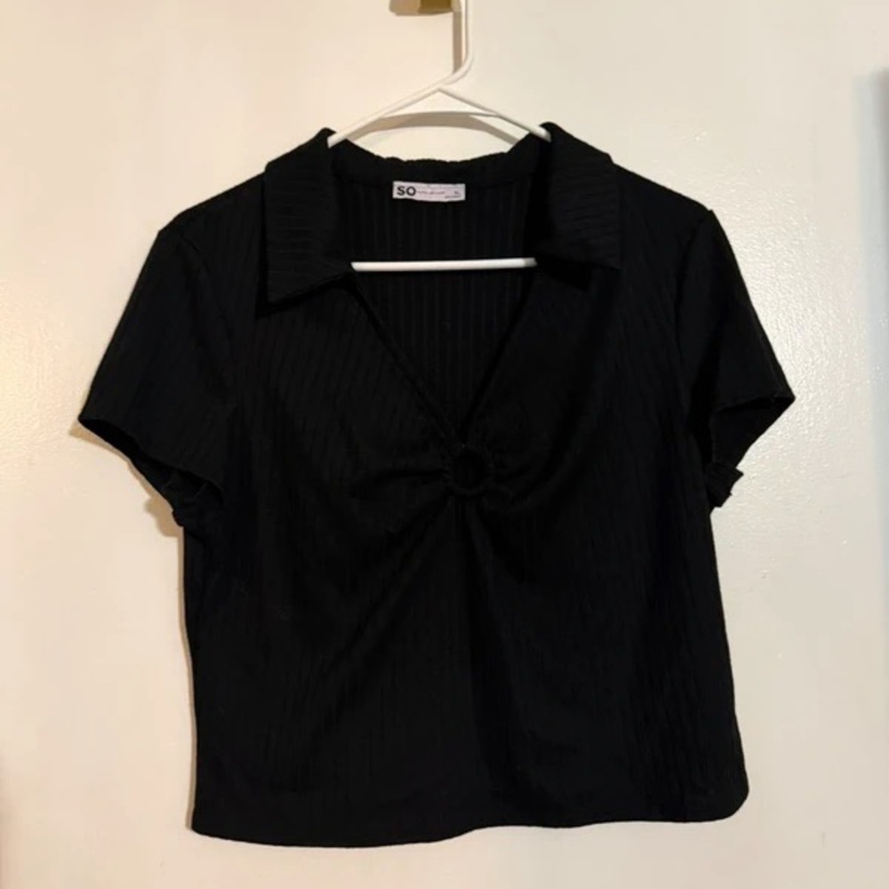 SO Black Short Sleeve Collared Top with Front Ring Accent